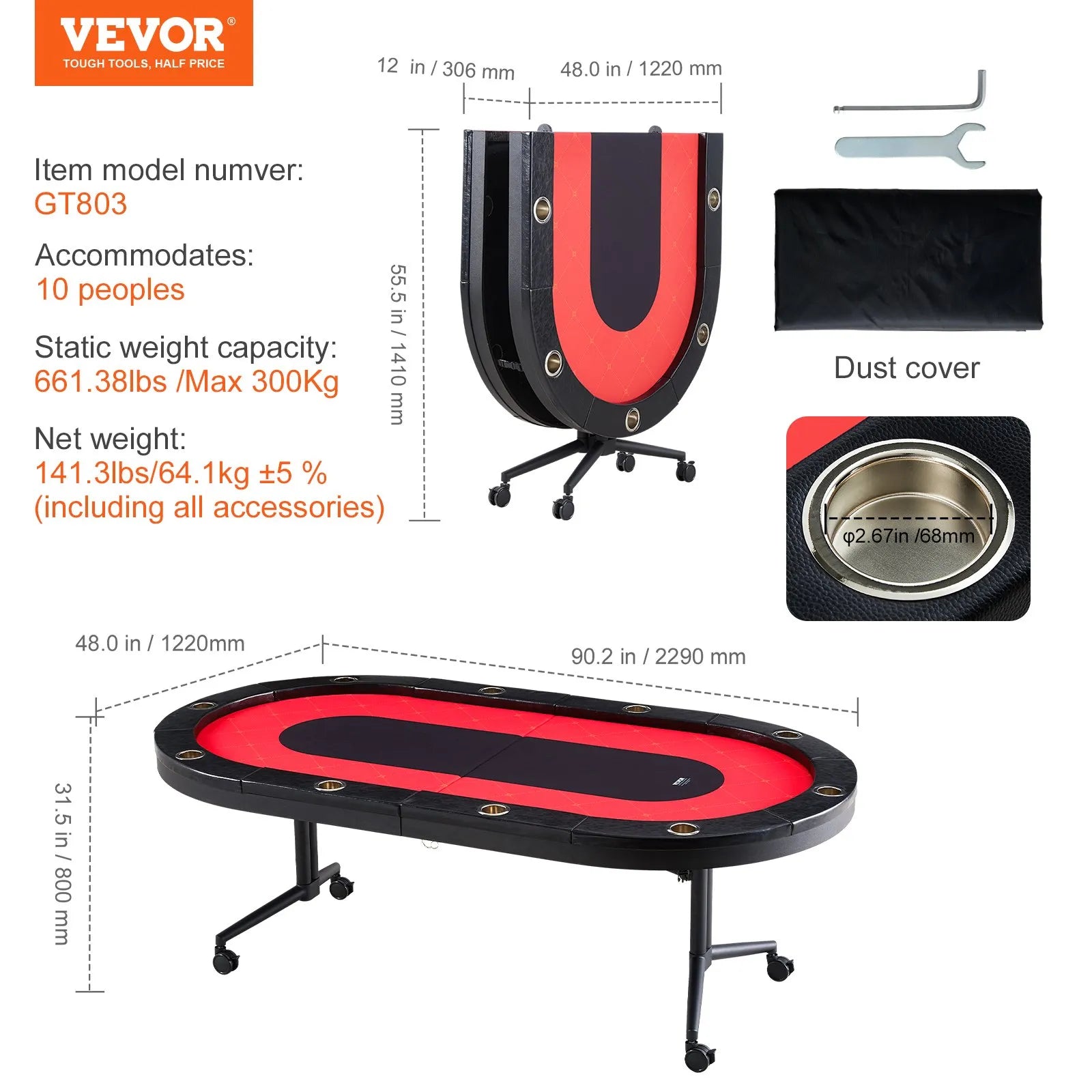 VEVOR salokāms pokera galds 10 spēlētājiem, 2286 mm ovāls kazino tipa galds Blackjack un Texas Hold’em ar polsterētām malām un nerūsējošā tērauda glāžu turētājiem, pārnēsājams kāršu spēļu galds