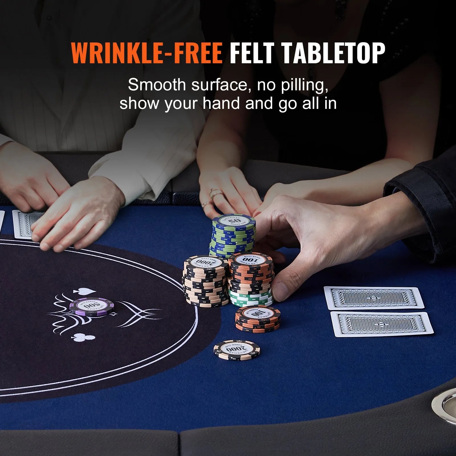 VEVOR salokāms pokera galds 8 spēlētājiem, 1830 mm ovāls kazino tipa galds Blackjack un Texas Hold’em ar polsterētām malām un nerūsējošā tērauda glāžu turētājiem, pārnēsājams kāršu spēļu galds