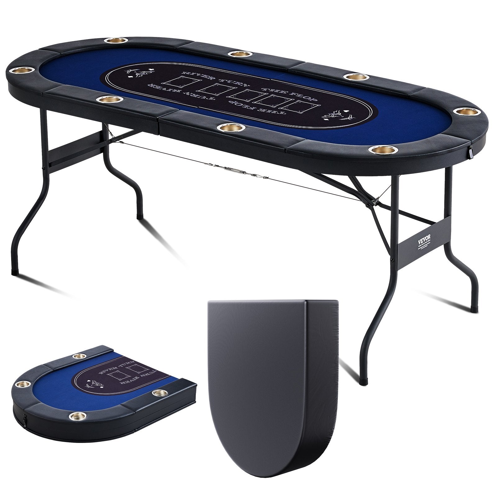 VEVOR salokāms pokera galds 8 spēlētājiem, 1830 mm ovāls kazino tipa galds Blackjack un Texas Hold’em ar polsterētām malām un nerūsējošā tērauda glāžu turētājiem, pārnēsājams kāršu spēļu galds