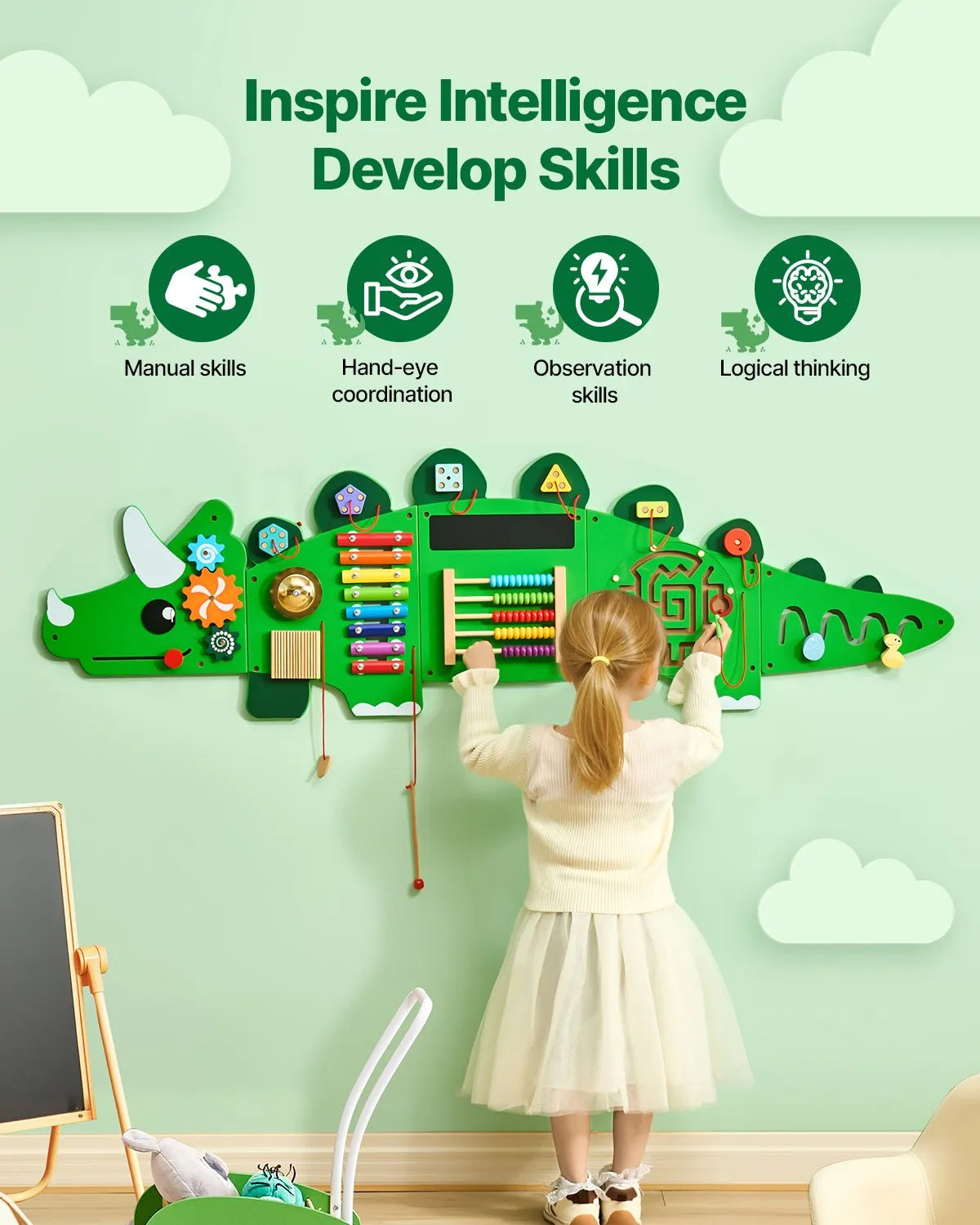 VEVOR Bērnu aktivitāšu sienas panelis “Dinosaur” ar 11 aktivitātēm, Montessori sensorā siena bērniem 3–12 gadiem, mācību aktivitāšu centrs rotaļu istabai, bērnudārzam un klasei