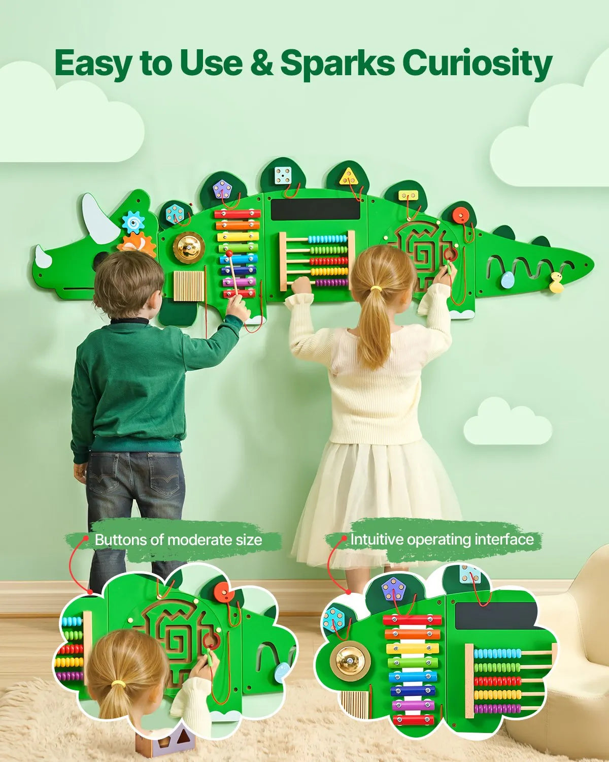 VEVOR Bērnu aktivitāšu sienas panelis “Dinosaur” ar 11 aktivitātēm, Montessori sensorā siena bērniem 3–12 gadiem, mācību aktivitāšu centrs rotaļu istabai, bērnudārzam un klasei