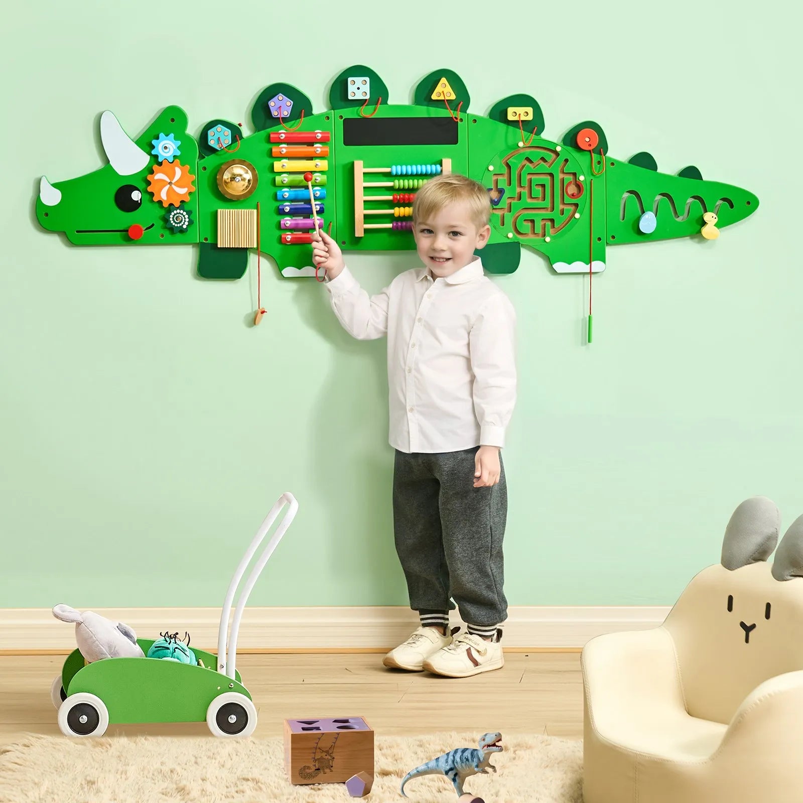 VEVOR Bērnu aktivitāšu sienas panelis “Dinosaur” ar 11 aktivitātēm, Montessori sensorā siena bērniem 3–12 gadiem, mācību aktivitāšu centrs rotaļu istabai, bērnudārzam un klasei