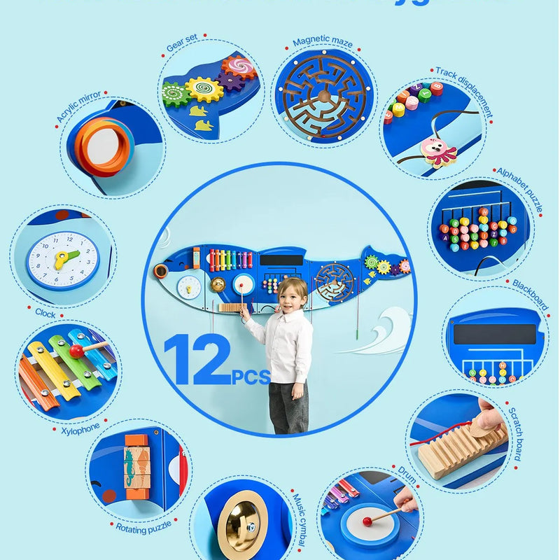 VEVOR Bērnu aktivitāšu sienas panelis “Orca” ar 12 aktivitātēm, Montessori sensorā siena bērniem 3–12 gadiem, mācību aktivitāšu centrs rotaļu istabai, bērnudārzam un klasei