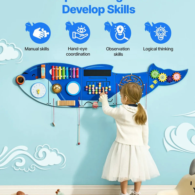 VEVOR Bērnu aktivitāšu sienas panelis “Orca” ar 12 aktivitātēm, Montessori sensorā siena bērniem 3–12 gadiem, mācību aktivitāšu centrs rotaļu istabai, bērnudārzam un klasei
