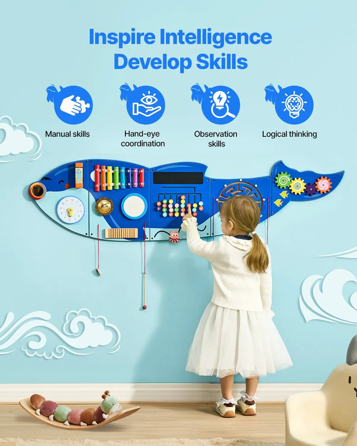 VEVOR Bērnu aktivitāšu sienas panelis “Orca” ar 12 aktivitātēm, Montessori sensorā siena bērniem 3–12 gadiem, mācību aktivitāšu centrs rotaļu istabai, bērnudārzam un klasei