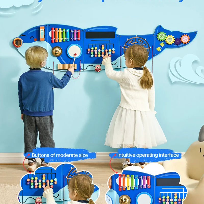 VEVOR Bērnu aktivitāšu sienas panelis “Orca” ar 12 aktivitātēm, Montessori sensorā siena bērniem 3–12 gadiem, mācību aktivitāšu centrs rotaļu istabai, bērnudārzam un klasei
