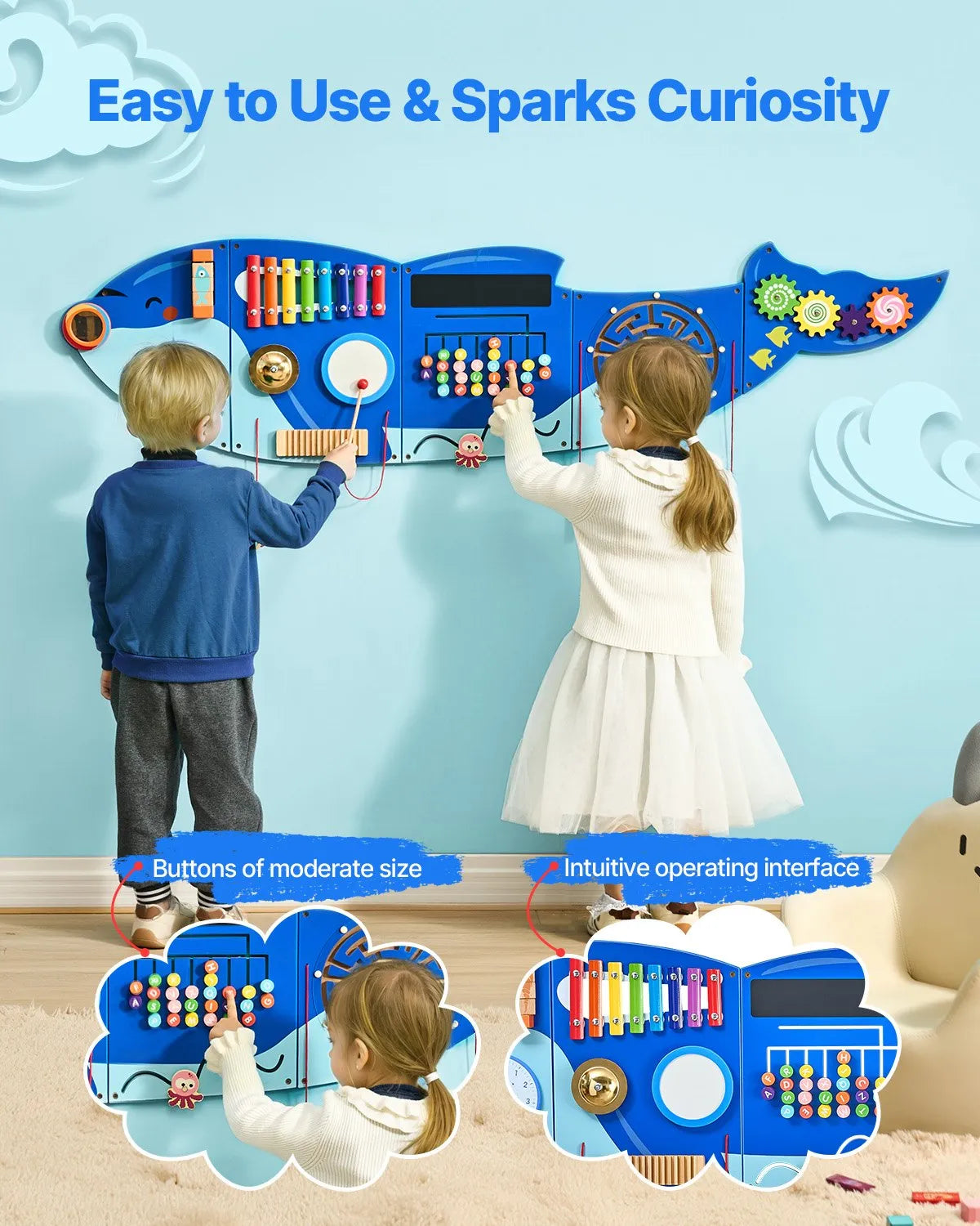 VEVOR Bērnu aktivitāšu sienas panelis “Orca” ar 12 aktivitātēm, Montessori sensorā siena bērniem 3–12 gadiem, mācību aktivitāšu centrs rotaļu istabai, bērnudārzam un klasei