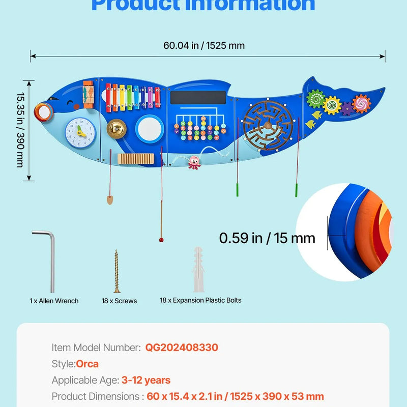 VEVOR Bērnu aktivitāšu sienas panelis “Orca” ar 12 aktivitātēm, Montessori sensorā siena bērniem 3–12 gadiem, mācību aktivitāšu centrs rotaļu istabai, bērnudārzam un klasei