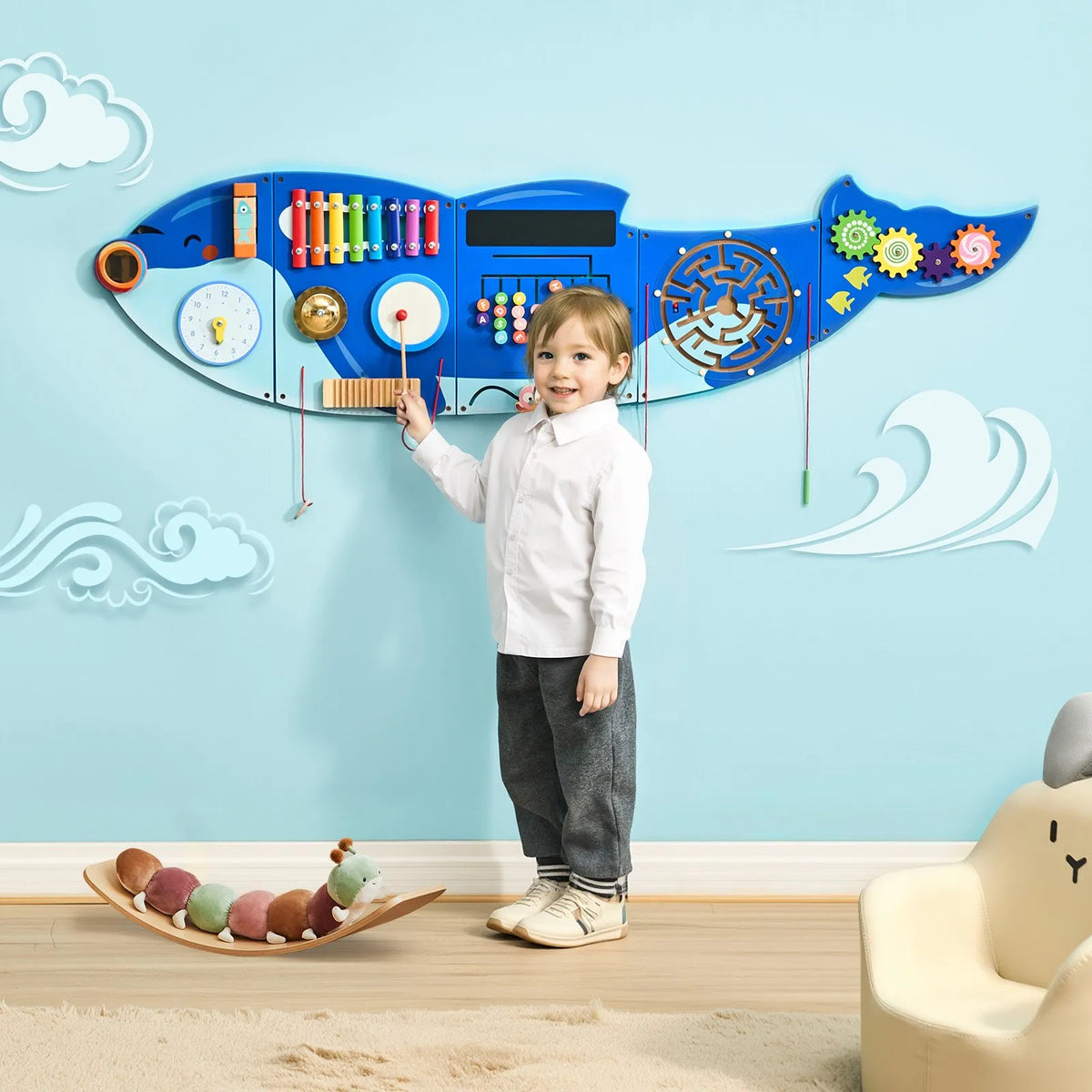 VEVOR Bērnu aktivitāšu sienas panelis “Orca” ar 12 aktivitātēm, Montessori sensorā siena bērniem 3–12 gadiem, mācību aktivitāšu centrs rotaļu istabai, bērnudārzam un klasei