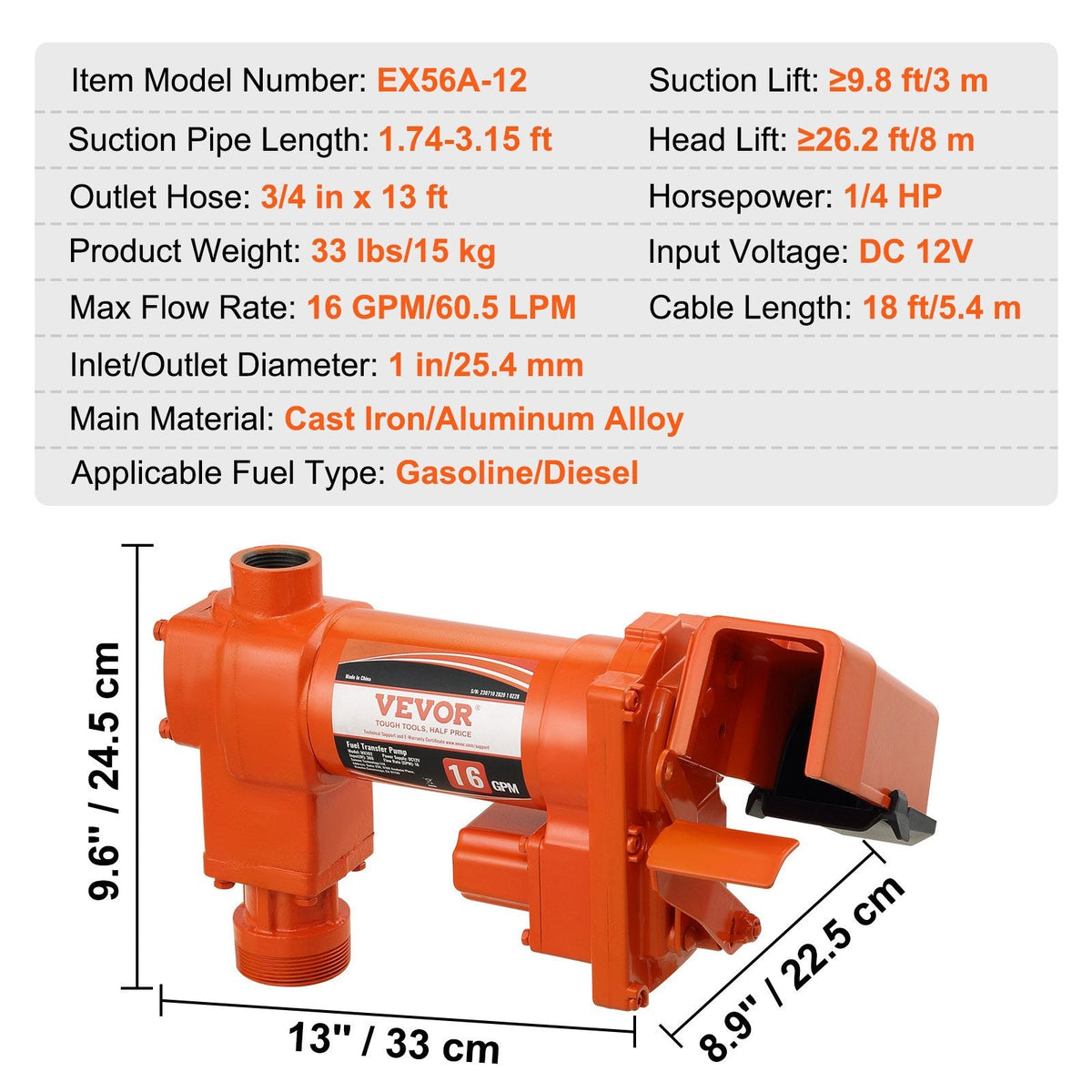 VEVOR degvielas pārsūknēšanas sūknis 12 V DC 60 l/min 0,19 kW ar automātisko pistoli, izplūdes šļūteni un iesūkšanas cauruli benzīnam, dīzeļdegvielai, petrolejai, etanola un metanola maisījumiem un biodīzeļdegvielai