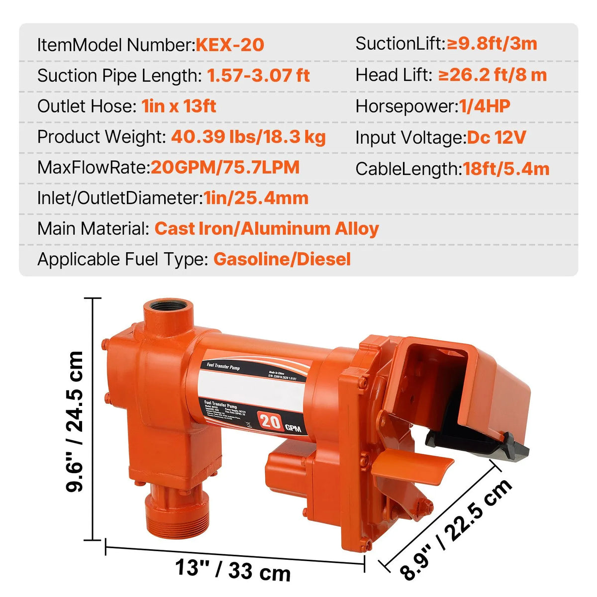 VEVOR degvielas pārsūknēšanas sūknis, 12 V DC, 75,7 l/min, ar automātisku uzgalīti, izplūdes šļūteni un sūkšanas cauruli, degvielas, dīzeļdegvielas, –kerezeņa, etanola, metanola maisījumiem un biodīzeļdegvielai