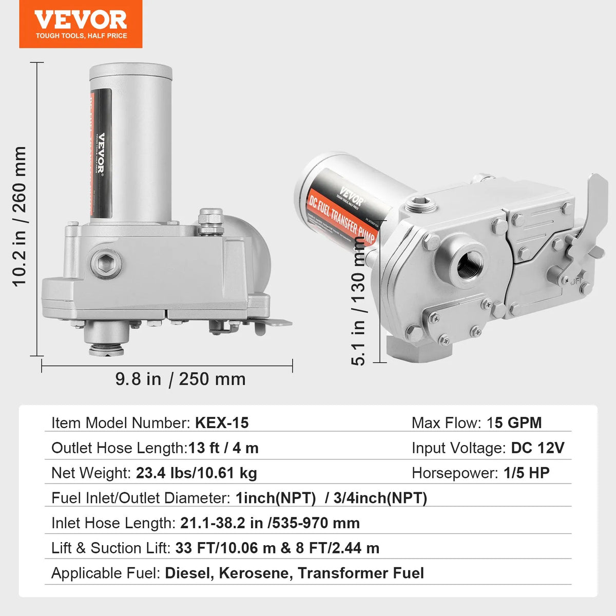 VEVOR degvielas pārsūknēšanas sūknis 12 V DC 57 l/min 149 W ar automātisku degvielas pistoli un garu ieplūdes un izplūdes šļūteni benzīnam, dīzeļdegvielai, petrolejai un etanola maisījumiem