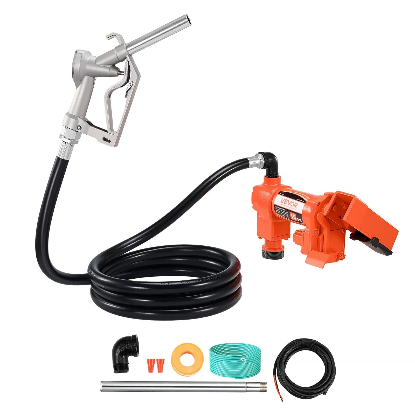 VEVOR degvielas pārsūknēšanas sūknis 12 V DC 61 l/min 186 W ar manuālu degvielas pistoli, izplūdes šļūteni un iesūkšanas cauruli benzīnam, dīzeļdegvielai, petrolejai, etanola–metanola maisījumiem un biodīzeļdegvielai