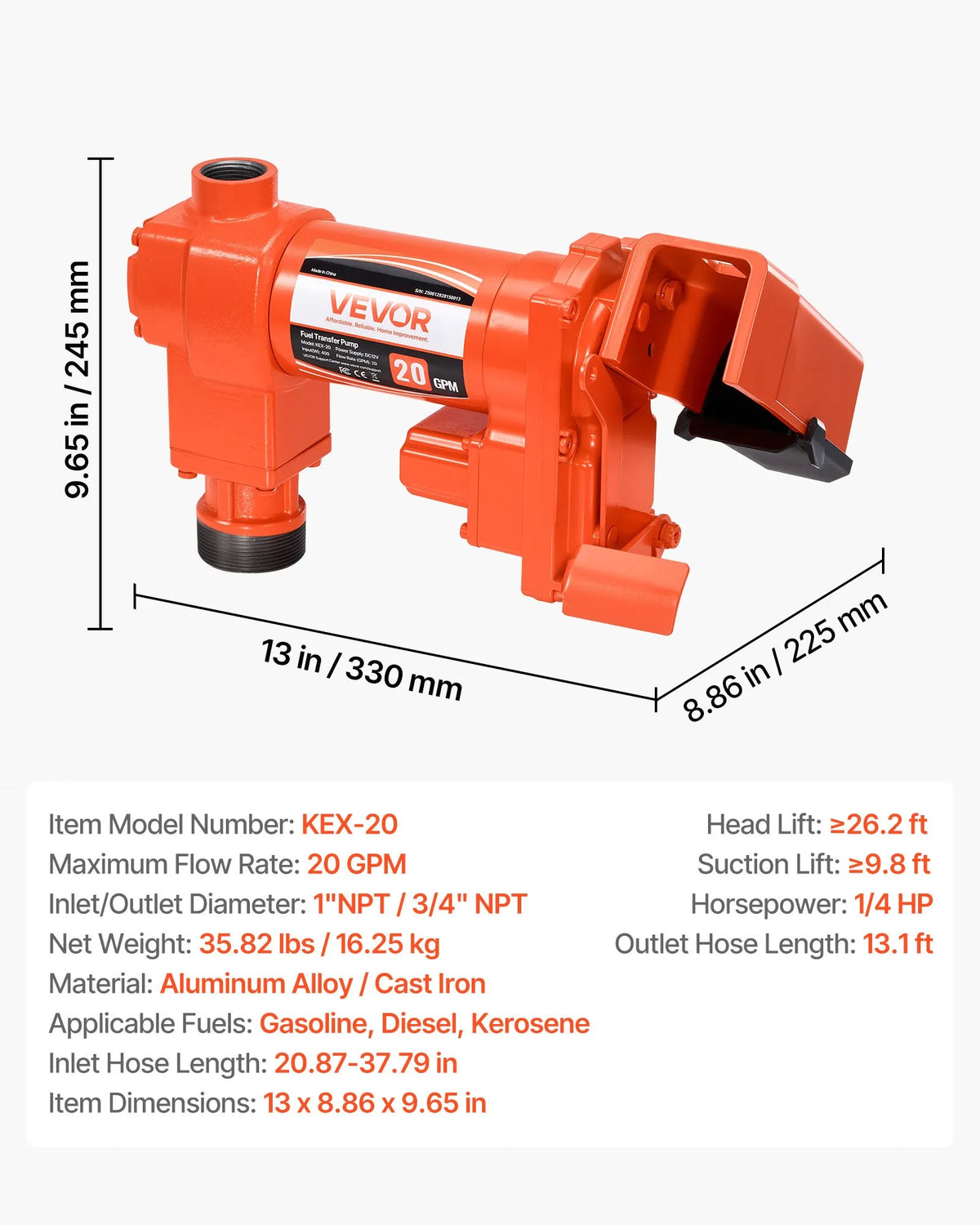 VEVOR degvielas pārsūknēšanas sūknis, 12 V DC, 76 l/min, 186 W, dīzeļdegvielas sūknis ar manuālu uzpildes pistoli, izplūdes šļūteni, sūkšanas cauruli, piemērots benzīnam, dīzeļdegvielai, petrolejai, etanola, metanola maisījumiem, kā arī biodīzeļdegvielai