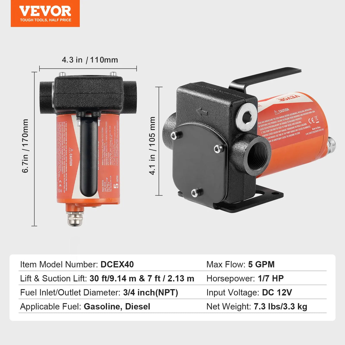 VEVOR degvielas pārsūknēšanas sūknis, 12 V DC, 19 l/min, 75 W, portatīvs elektriskais dīzeļdegvielas sūknis ar automātisku uzpildes pistoli, garu ieplūdes un izplūdes šļūteni benzīnam, dīzeļdegvielai, petrolejai un metanola maisījumiem