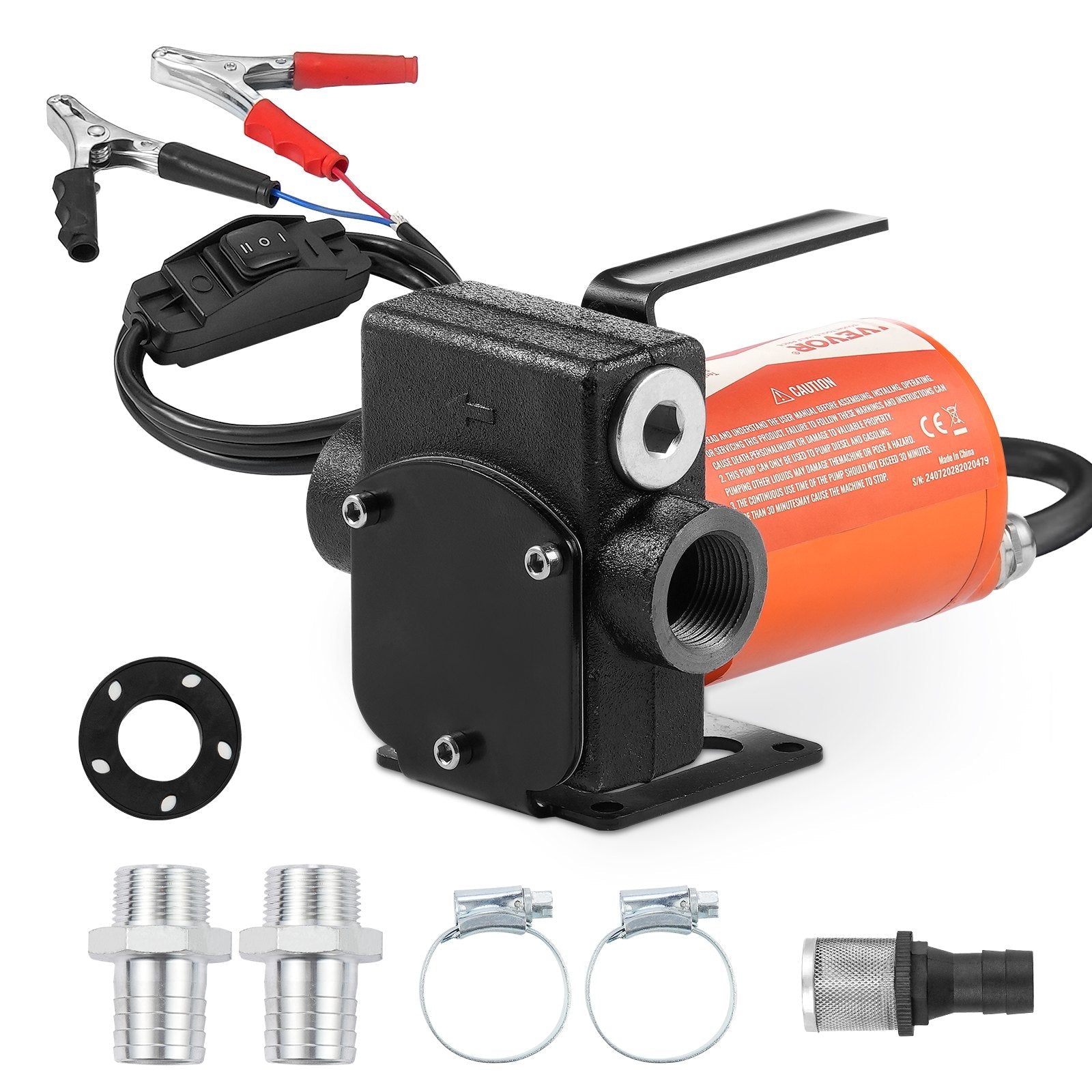VEVOR degvielas pārsūknēšanas sūknis, 12 V DC, 19 l/min, 75 W, portatīvs elektriskais dīzeļdegvielas sūknis ar automātisku uzpildes pistoli, garu ieplūdes un izplūdes šļūteni benzīnam, dīzeļdegvielai, petrolejai un metanola maisījumiem