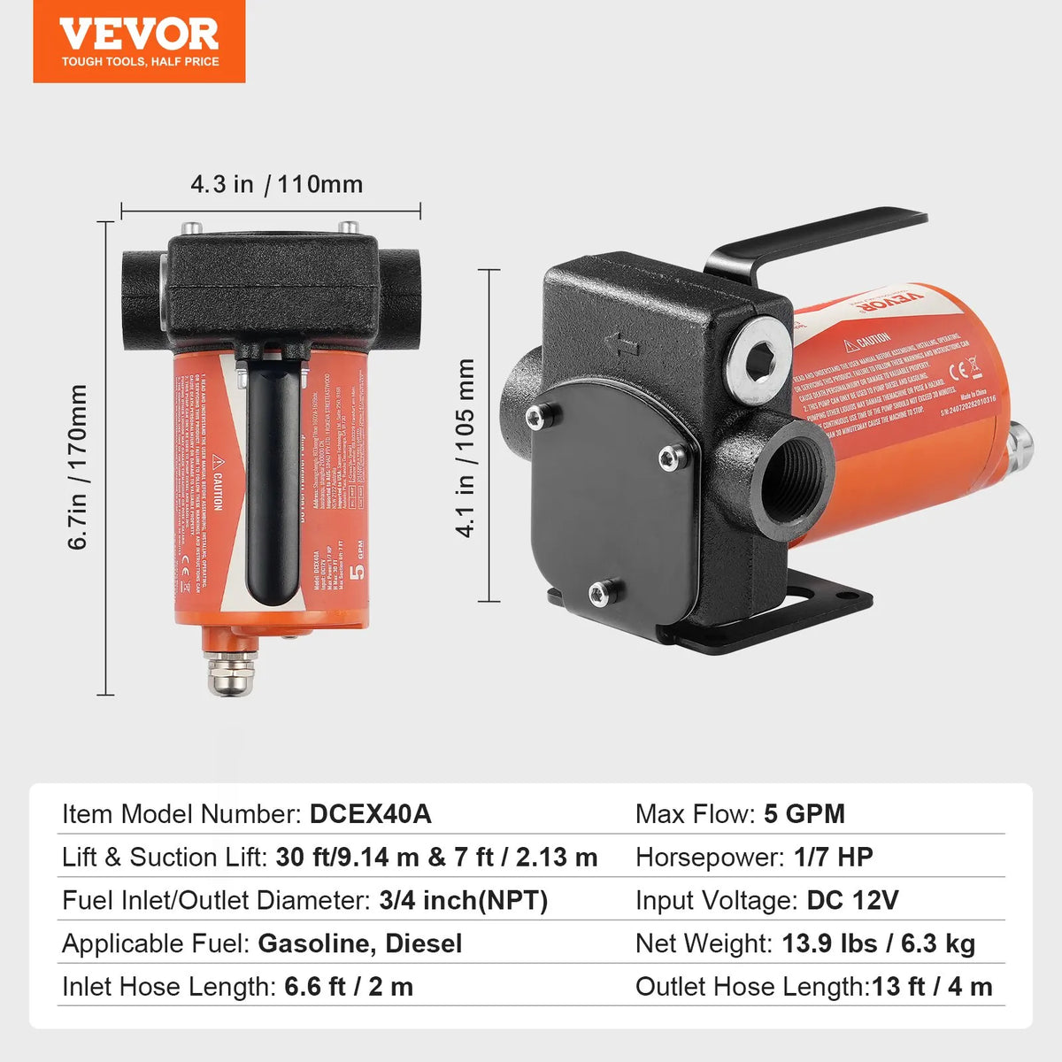 VEVOR degvielas pārsūknēšanas sūknis, 12 V DC, 19 l/min (5,3 GPM), 75 W (1/10 HP), portatīvs elektriskais dīzeļdegvielas pārsūknēšanas sūknis ar automātisko uzpildes pistoli, garu ieplūdes, izplūdes šļūteni, piemērots benzīnam, dīzeļdegvielai, petrolejai.