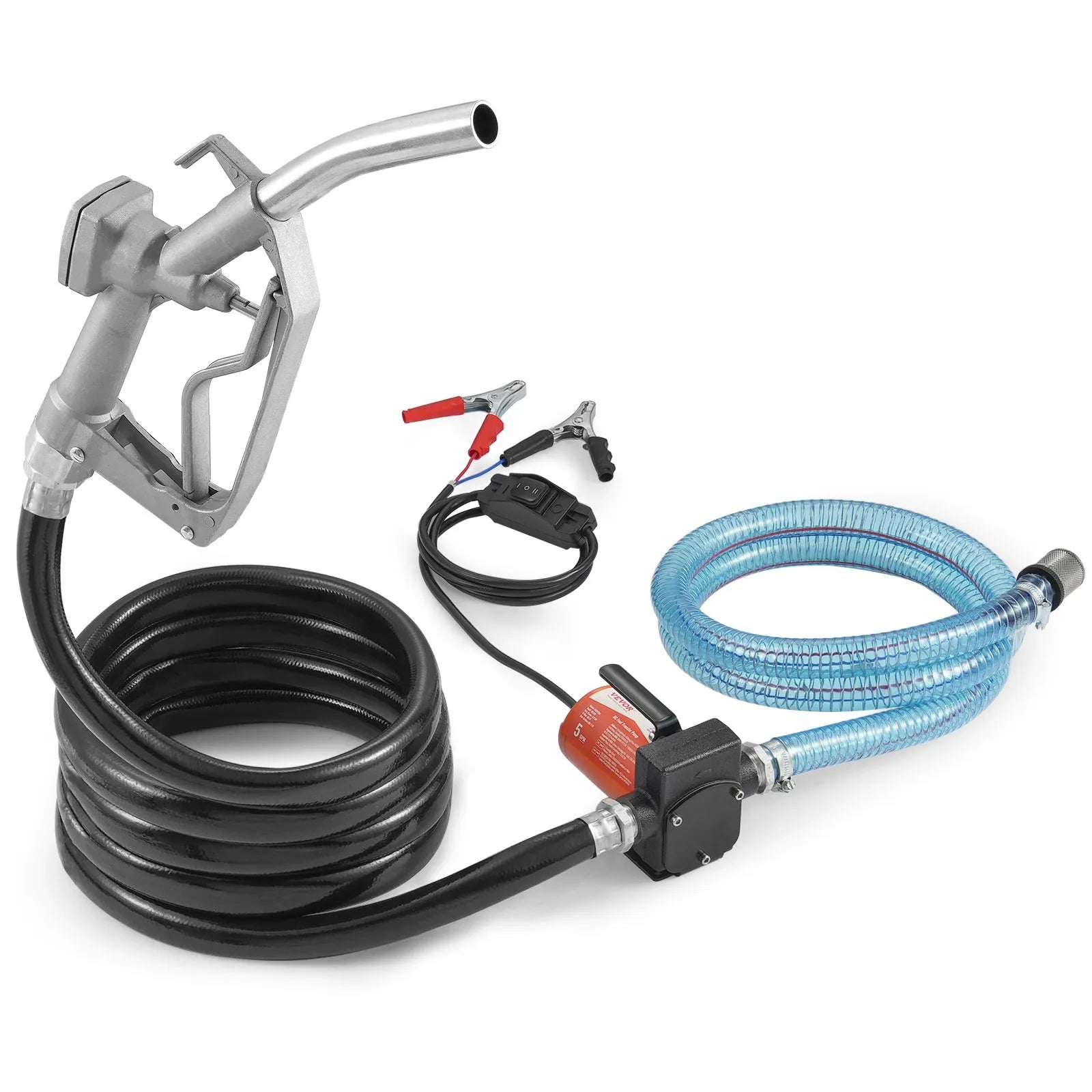 VEVOR degvielas pārsūknēšanas sūknis, 12 V DC, 19 l/min (5,3 GPM), 75 W (1/10 HP), portatīvs elektriskais dīzeļdegvielas pārsūknēšanas sūknis ar automātisko uzpildes pistoli, garu ieplūdes, izplūdes šļūteni, piemērots benzīnam, dīzeļdegvielai, petrolejai.