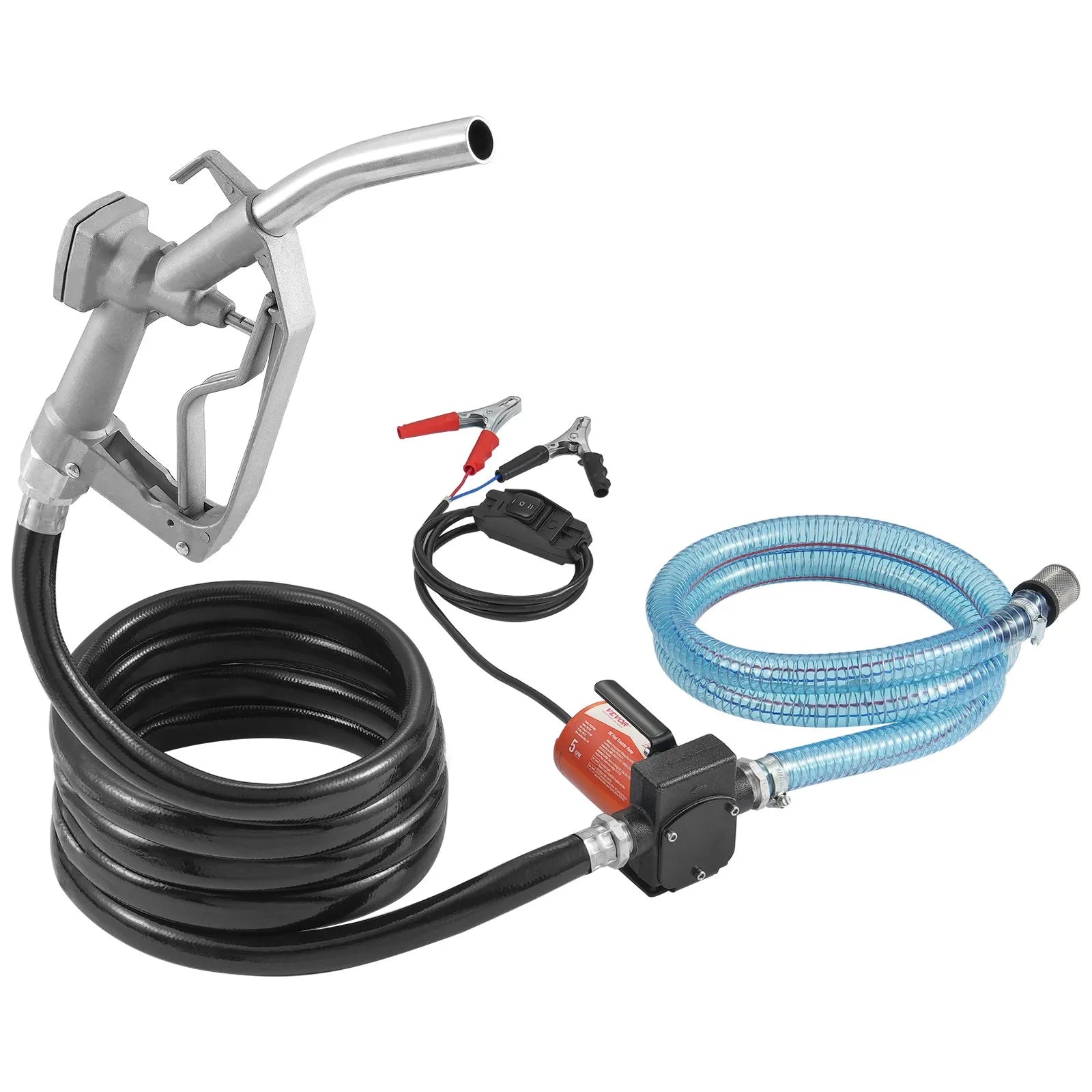 VEVOR degvielas pārsūknēšanas sūknis, 12 V DC, 19 l/min (5,3 GPM), 75 W (1/10 HP), portatīvs elektriskais dīzeļdegvielas pārsūknēšanas sūknis ar automātisko uzpildes pistoli, garu ieplūdes, izplūdes šļūteni, piemērots benzīnam, dīzeļdegvielai, petrolejai.