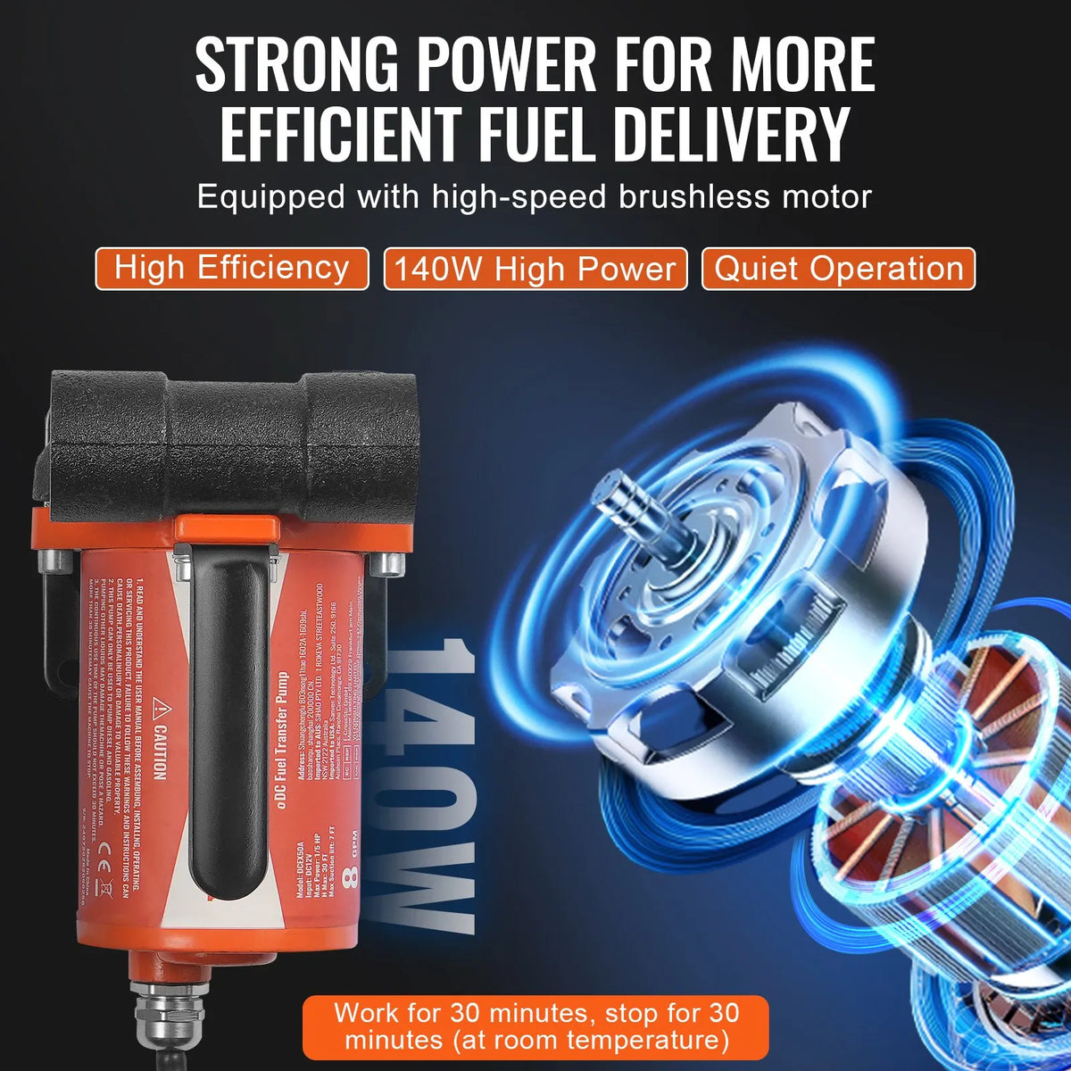 VEVOR degvielas pārsūknēšanas sūknis, 12 V DC, 30 l/min, 124 W, portatīvs elektriskais dīzeļdegvielas sūknis ar automātisku uzpildes pistoli, garu ieplūdes un izplūdes šļūteni benzīnam, dīzeļdegvielai, petrolejai un metanola maisījumiem
