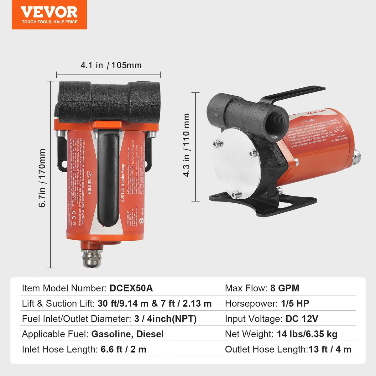 VEVOR degvielas pārsūknēšanas sūknis, 12 V DC, 30 l/min, 124 W, portatīvs elektriskais dīzeļdegvielas sūknis ar automātisku uzpildes pistoli, garu ieplūdes un izplūdes šļūteni benzīnam, dīzeļdegvielai, petrolejai un metanola maisījumiem