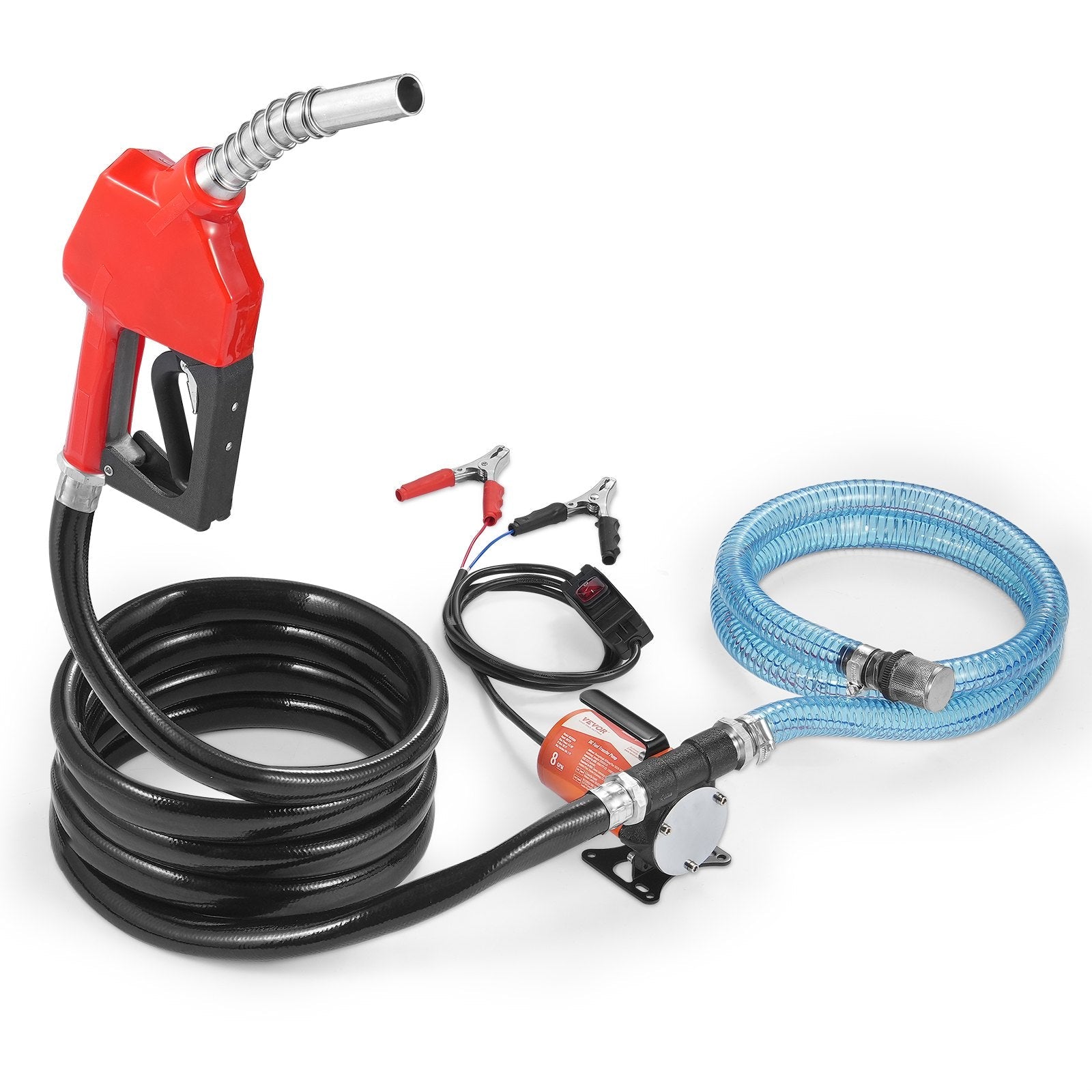 VEVOR degvielas pārsūknēšanas sūknis, 12 V DC, 30 l/min, 124 W, portatīvs elektriskais dīzeļdegvielas sūknis ar automātisku uzpildes pistoli, garu ieplūdes un izplūdes šļūteni benzīnam, dīzeļdegvielai, petrolejai un metanola maisījumiem