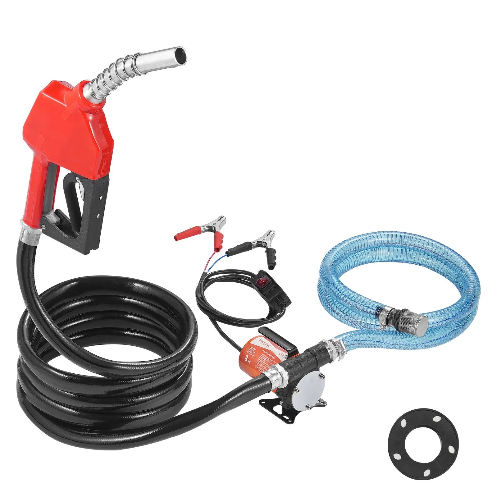VEVOR degvielas pārsūknēšanas sūknis, 12 V DC, 30 l/min, 124 W, portatīvs elektriskais dīzeļdegvielas sūknis ar automātisku uzpildes pistoli, garu ieplūdes un izplūdes šļūteni benzīnam, dīzeļdegvielai, petrolejai un metanola maisījumiem
