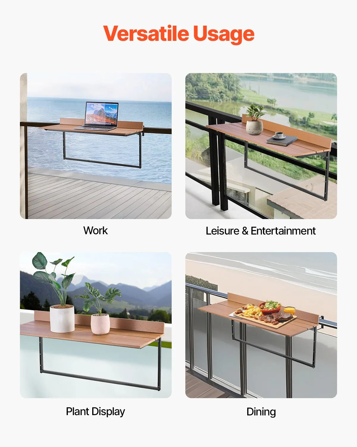VEVOR piekarināms balkona galds 38 × 99 cm, salokāms margu galds ar 5 līmeņu augstuma regulēšanu, piemērots margām ar biezumu 2,5–13,5 cm, pasniegšanas galds balkonam un terasei