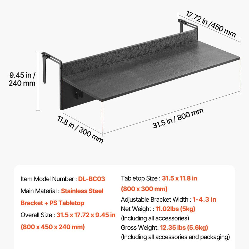 VEVOR piekarināms balkona galds 30,5 × 81,3 cm, salokāms margu galds, kravnesība līdz 22,7 kg, piemērots margām ar biezumu 2,5–10,9 cm, pasniegšanas galds balkonam un terasei