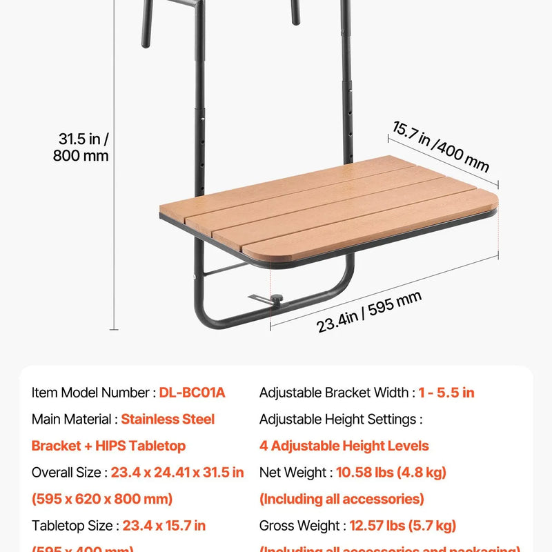 VEVOR piekarināms balkona galds 64 × 61 cm, salokāms balkona margu galds ar 4 līmeņu augstuma regulēšanu, piemērots margām ar biezumu 2,5–21 cm, pasniegšanas galds balkonam un terasei