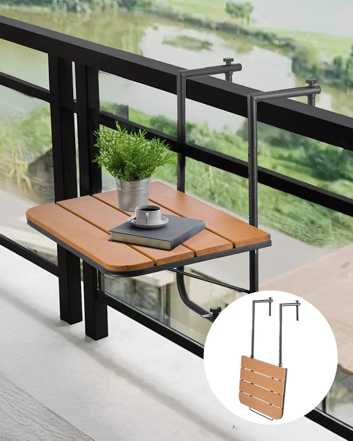 VEVOR piekarināms balkona galds 64 × 61 cm, salokāms balkona margu galds ar 4 līmeņu augstuma regulēšanu, piemērots margām ar biezumu 2,5–21 cm, pasniegšanas galds balkonam un terasei