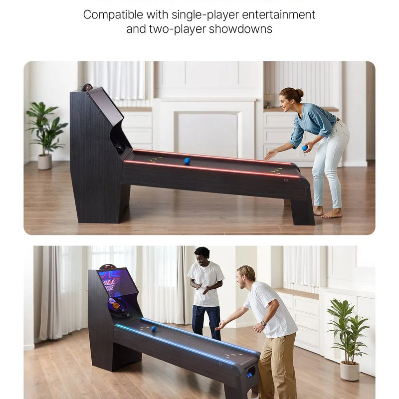 VEVOR klasiskā Roll and Score arkādes spēļu galda iekārta, 274 cm, iekštelpu skeeball spēļu galds ar LED elektronisko rezultātu skaitītāju, skaņu un automātisku bumbiņu atgriešanu, piemērots pieaugušajiem un bērniem, 4 bumbiņas komplektā