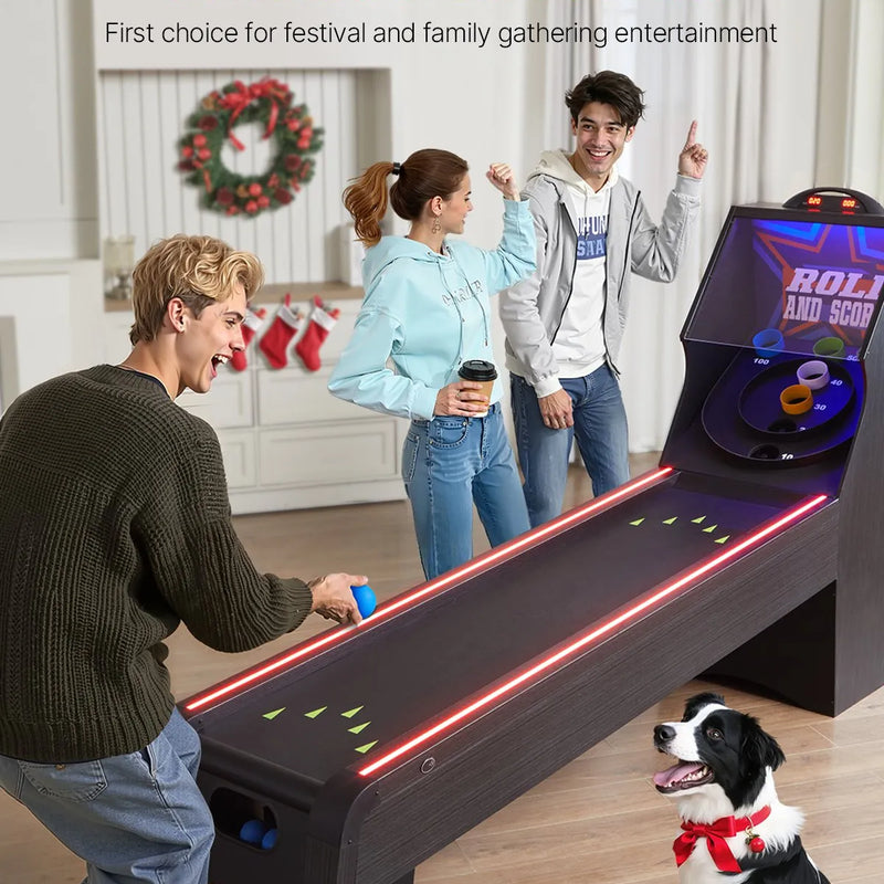 VEVOR klasiskā Roll and Score arkādes spēļu galda iekārta, 274 cm, iekštelpu skeeball spēļu galds ar LED elektronisko rezultātu skaitītāju, skaņu un automātisku bumbiņu atgriešanu, piemērots pieaugušajiem un bērniem, 4 bumbiņas komplektā
