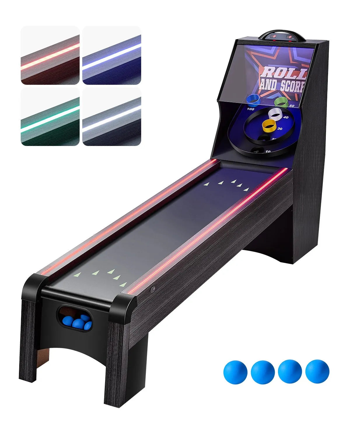 VEVOR klasiskā Roll and Score arkādes spēļu galda iekārta, 274 cm, iekštelpu skeeball spēļu galds ar LED elektronisko rezultātu skaitītāju, skaņu un automātisku bumbiņu atgriešanu, piemērots pieaugušajiem un bērniem, 4 bumbiņas komplektā