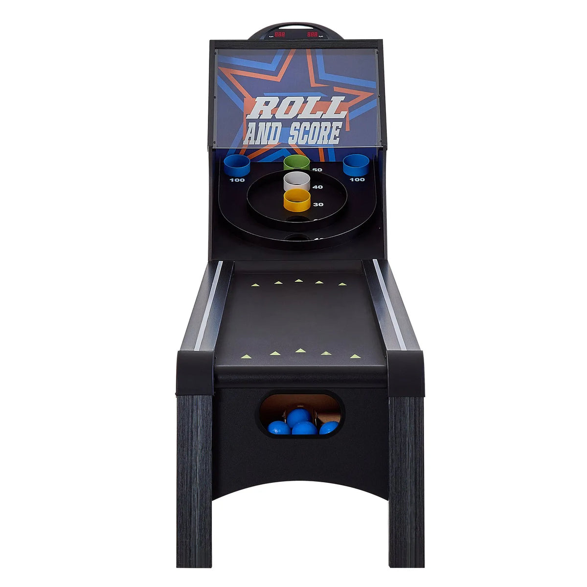 VEVOR klasiskā Roll and Score arkādes spēļu galda iekārta, 274 cm, iekštelpu skeeball spēļu galds ar LED elektronisko rezultātu skaitītāju, skaņu un automātisku bumbiņu atgriešanu, piemērots pieaugušajiem un bērniem, 4 bumbiņas komplektā