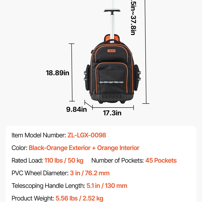 VEVOR instrumentu mugursoma ar riteņiem, kravnesība līdz 110 lbs (50 kg), smagas slodzes instrumentu soma ar 45 kabatām uz riteņiem, regulējams teleskopiskais rokturis un stabila pamatne, instrumentu organizators būvniecībai un mehāniķiem.