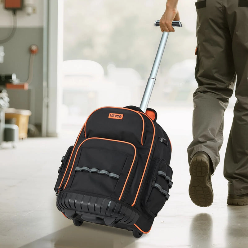 VEVOR instrumentu mugursoma ar riteņiem, kravnesība līdz 110 lbs (50 kg), smagas slodzes instrumentu soma ar 45 kabatām uz riteņiem, regulējams teleskopiskais rokturis un stabila pamatne, instrumentu organizators būvniecībai un mehāniķiem.