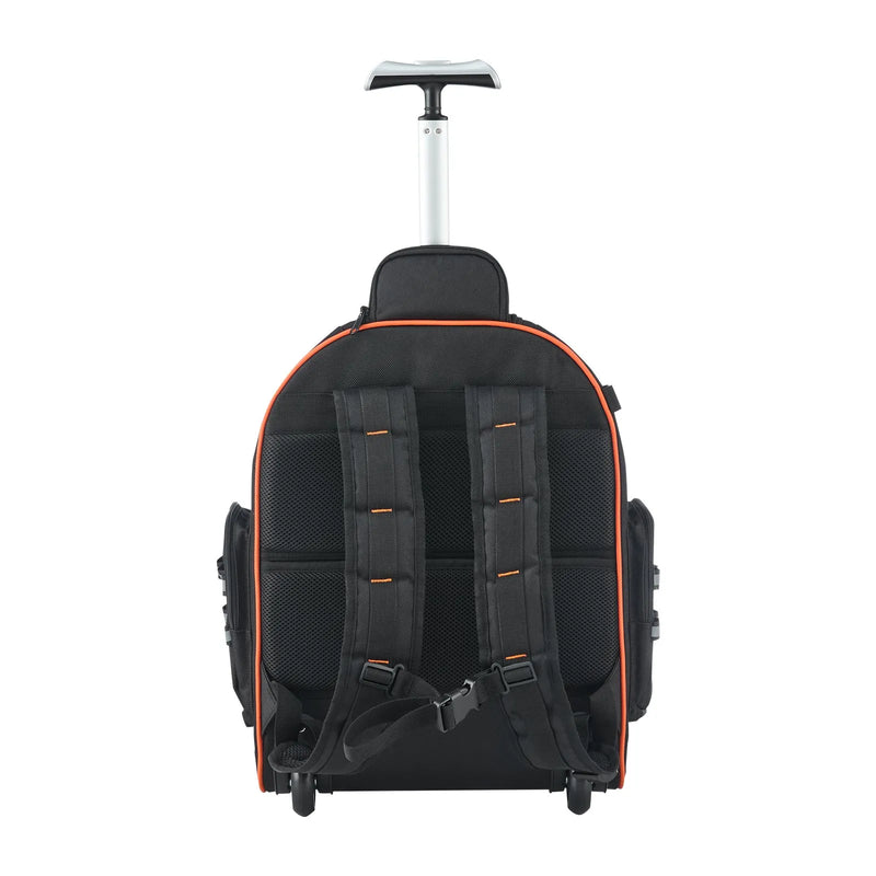 VEVOR instrumentu mugursoma ar riteņiem, kravnesība līdz 110 lbs (50 kg), smagas slodzes instrumentu soma ar 45 kabatām uz riteņiem, regulējams teleskopiskais rokturis un stabila pamatne, instrumentu organizators būvniecībai un mehāniķiem.
