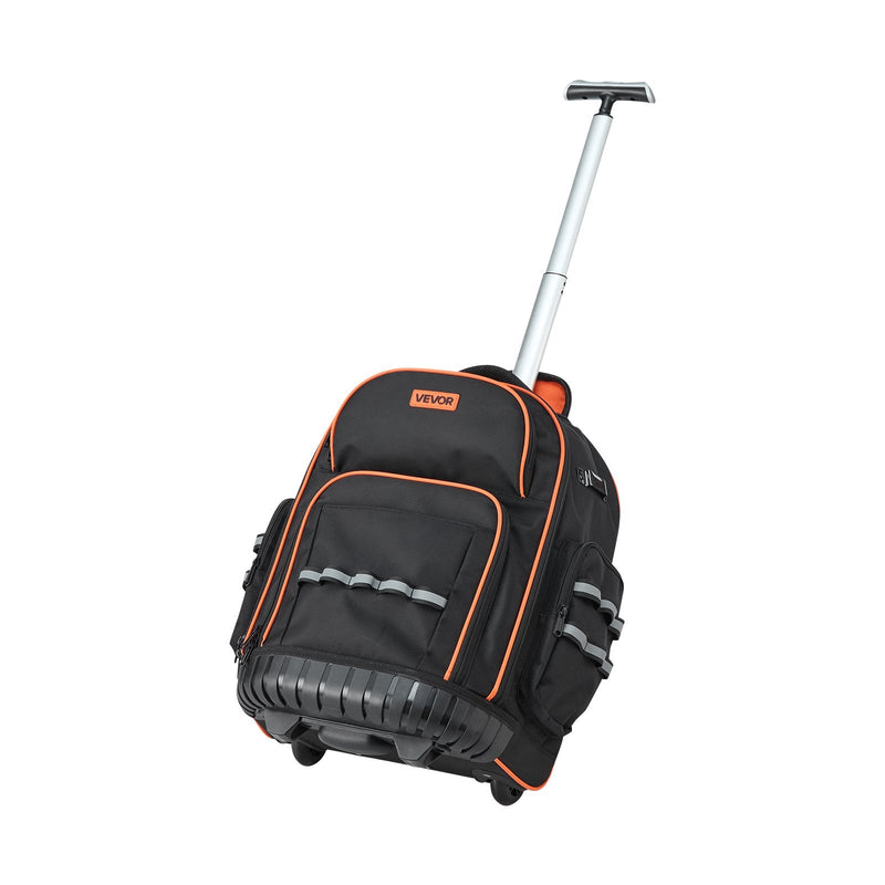 VEVOR instrumentu mugursoma ar riteņiem, kravnesība līdz 110 lbs (50 kg), smagas slodzes instrumentu soma ar 45 kabatām uz riteņiem, regulējams teleskopiskais rokturis un stabila pamatne, instrumentu organizators būvniecībai un mehāniķiem.
