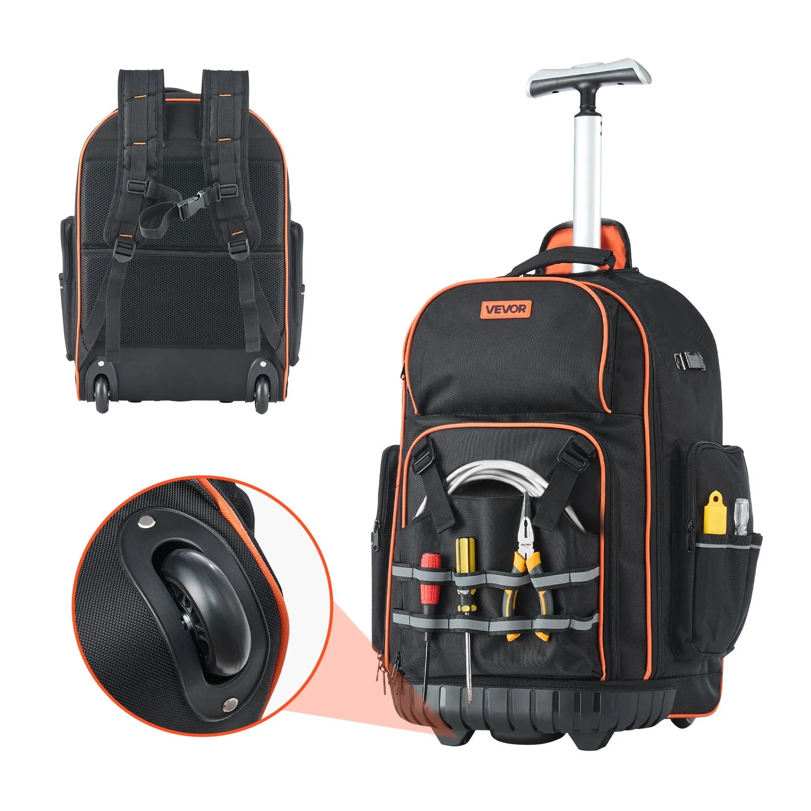 VEVOR instrumentu mugursoma ar riteņiem, kravnesība līdz 50 kg, 72 kabatas, izturīga instrumentu soma uz riteņiem ar regulējamu teleskopisko rokturi un stabilu pamatni, instrumentu organizators celtniecībai un mehāniķiem