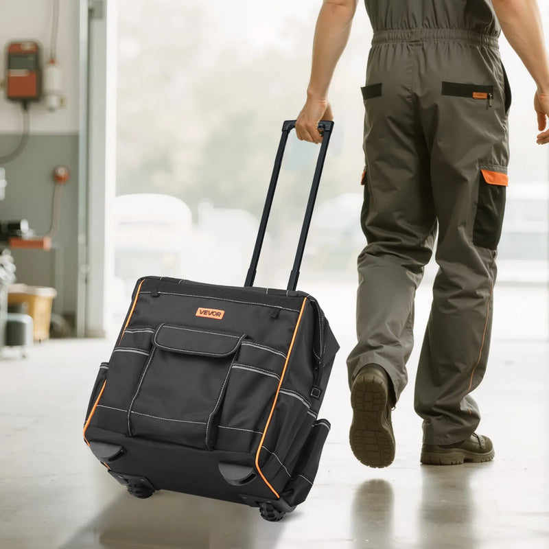 VEVOR instrumentu soma ar riteņiem, kravnesība līdz 50 kg, 25 kabatas, izturīga instrumentu soma uz riteņiem ar regulējamu teleskopisko rokturi un stabilu pamatni, instrumentu organizators celtniecībai un mehāniķiem