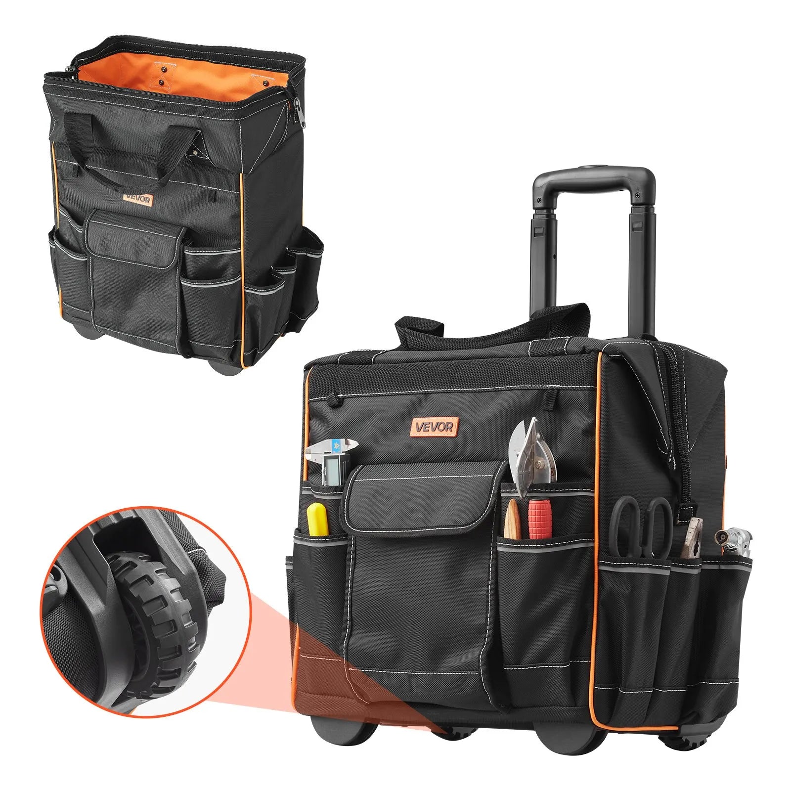 VEVOR instrumentu soma ar riteņiem, kravnesība līdz 50 kg, 25 kabatas, izturīga instrumentu soma uz riteņiem ar regulējamu teleskopisko rokturi un stabilu pamatni, instrumentu organizators celtniecībai un mehāniķiem