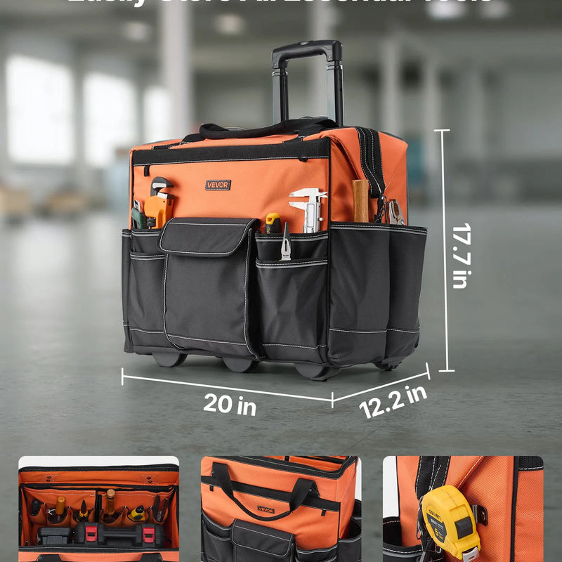 VEVOR instrumentu soma ar riteņiem, kravnesība līdz 50 kg, 27 kabatas, izturīga instrumentu soma uz riteņiem ar regulējamu teleskopisko rokturi un stabilu pamatni, instrumentu organizators celtniecībai un mehāniķiem