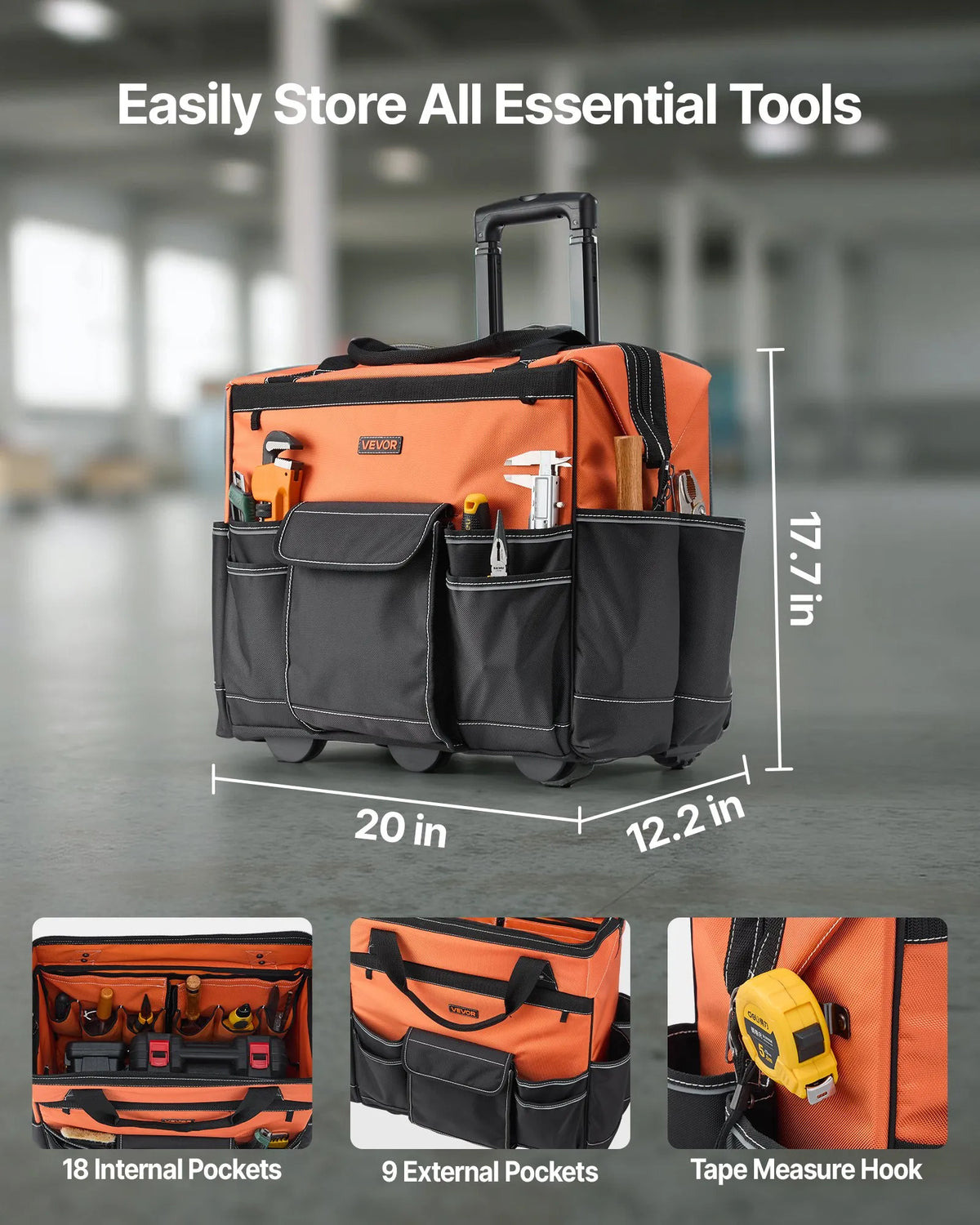 VEVOR instrumentu soma ar riteņiem, kravnesība līdz 50 kg, 27 kabatas, izturīga instrumentu soma uz riteņiem ar regulējamu teleskopisko rokturi un stabilu pamatni, instrumentu organizators celtniecībai un mehāniķiem