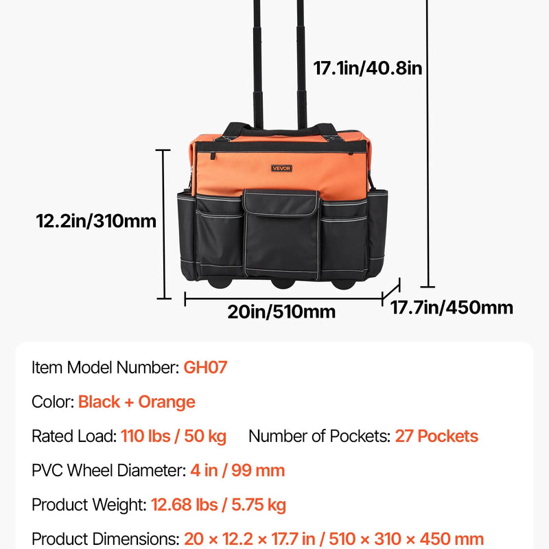 VEVOR instrumentu soma ar riteņiem, kravnesība līdz 50 kg, 27 kabatas, izturīga instrumentu soma uz riteņiem ar regulējamu teleskopisko rokturi un stabilu pamatni, instrumentu organizators celtniecībai un mehāniķiem