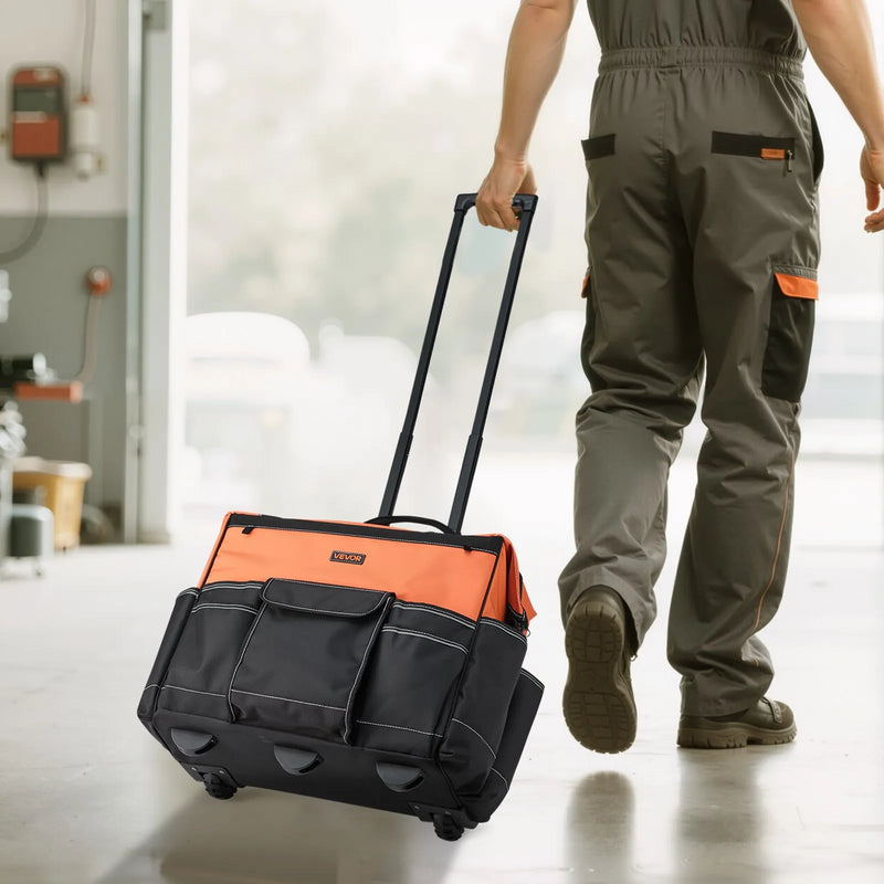 VEVOR instrumentu soma ar riteņiem, kravnesība līdz 50 kg, 27 kabatas, izturīga instrumentu soma uz riteņiem ar regulējamu teleskopisko rokturi un stabilu pamatni, instrumentu organizators celtniecībai un mehāniķiem