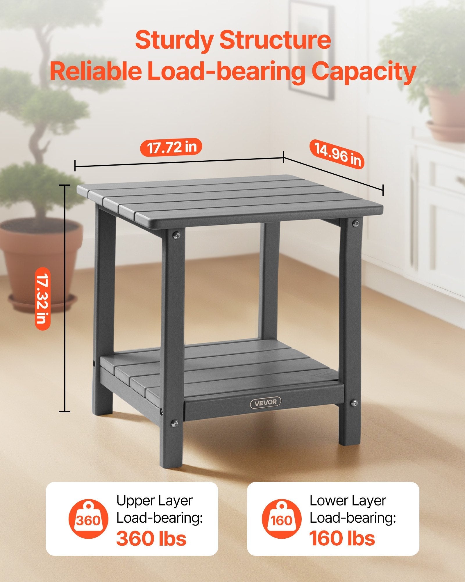 VEVOR āra sānu galds 450 × 380 × 440 mm, divslāņu HDPE konstrukcija, viegli kopjams, izturīgs pret skarbiem laikapstākļiem, piemērots terasei, baseinam, pludmalei, lievenim, pagalmam un iekštelpām, pelēks