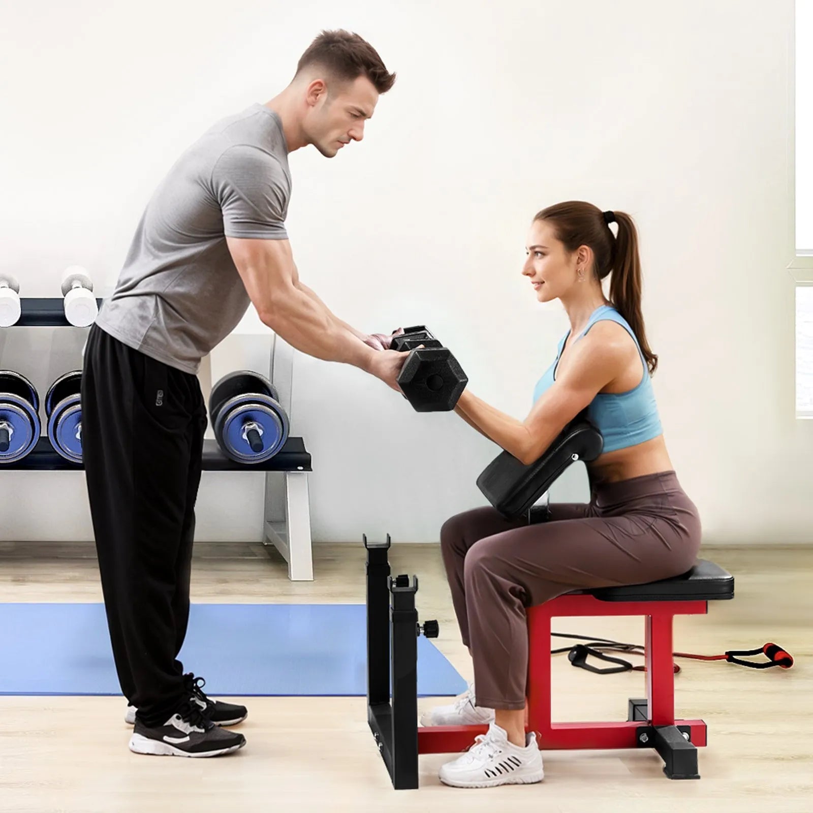 VEVOR treniņu sols ar kāju iztaisnošanas moduli, spēka treniņu sols ar bicepsu staciju hantelēm un stienim, 200 kg nestspēja, daudzfunkcionāls sols mājas sporta zālei