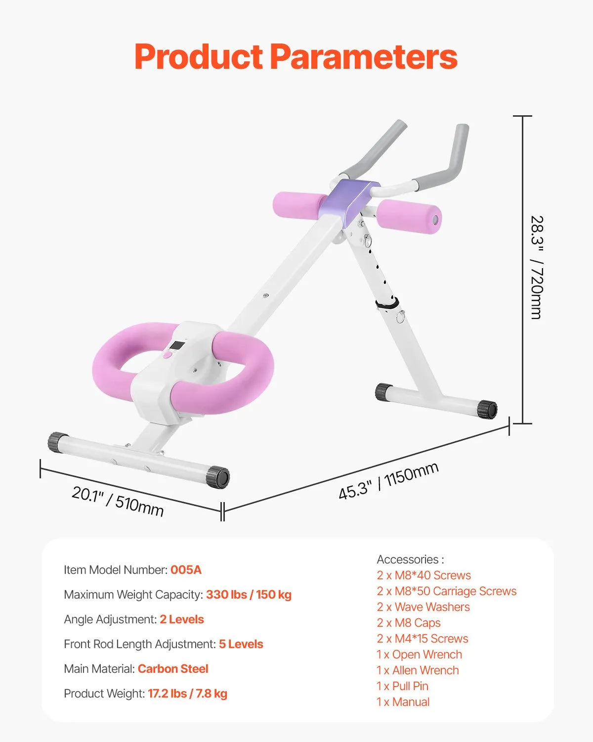 VEVOR vēdera preses trenažieris, core un vēdera muskuļu trenažieris, salokāms un regulējams fitnesa aprīkojums, 150 kg nestspēja, mājas sporta zālei