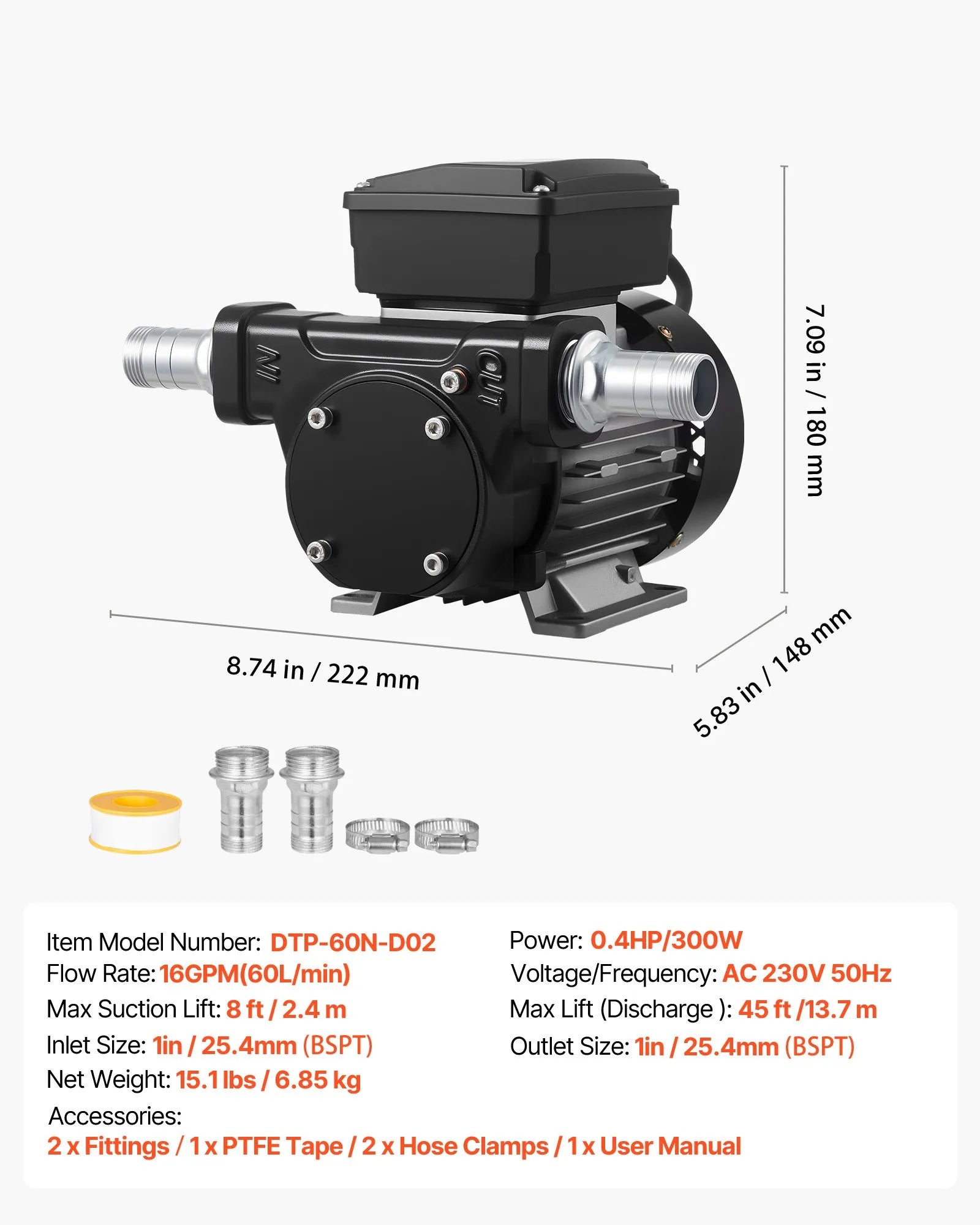 VEVOR eļļas pārsūknēšanas sūknis 230 V, 60 L/min, AC degvielas pārsūknēšanas sūknis dīzeļdegvielai, petrolejai un biodīzeļdegvielai, maks. iesūkšana 2,4 m, maks. pacelšana 13,7 m, piemērots transportlīdzekļiem, būvlaukumiem un saimniecībām